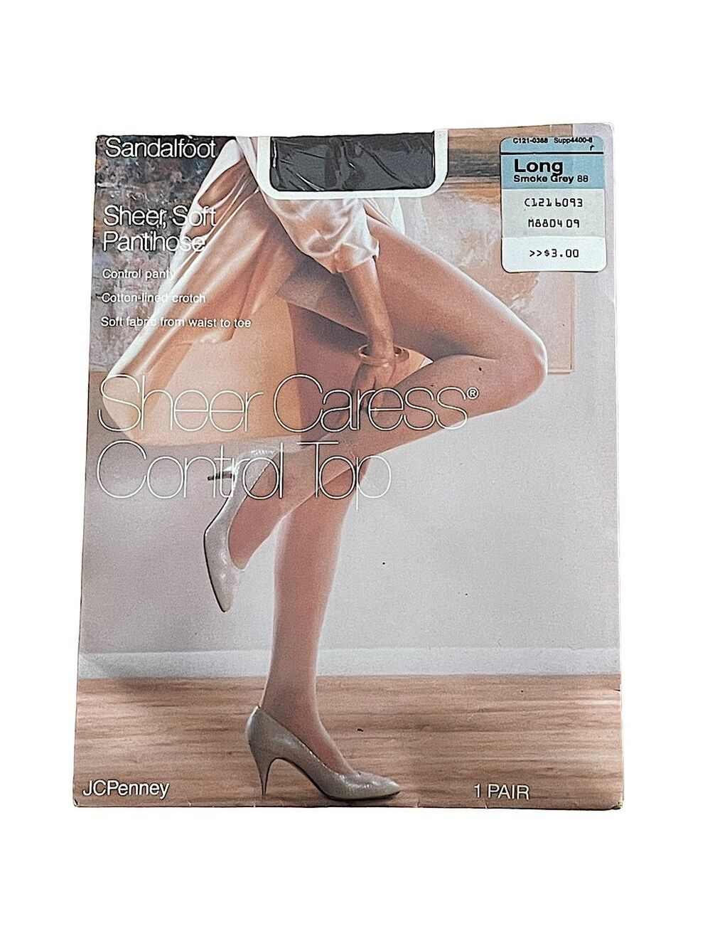 JC Penney Vintage 80s Sheer Caress Control Top Pantyhose Smoke Gray Size Long